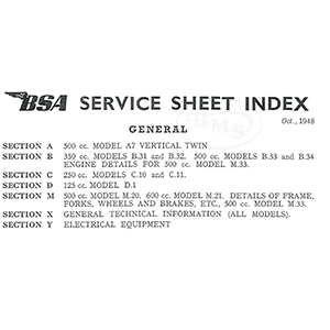BSA 1948 Complete Service Sheet Index for models Group A,B,C,D and M. STICK/3316