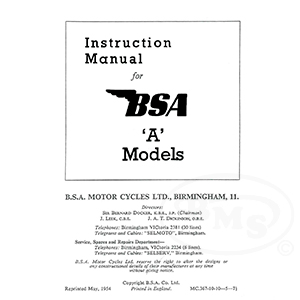 BSA 1954 Reprinted Instruction Manual for A Models. DICKINSON/1447