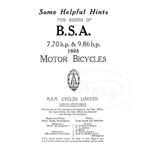 BSA 1925 Instruction Manual for 7.70hp and 9.86hp models. BRIDGE/2547