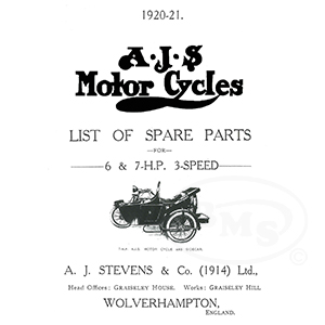 AJS 1920 to 1921 Illustrated Spares List. For 6 and 7 hp Twins with 3 speed gear. DARWIN/2760